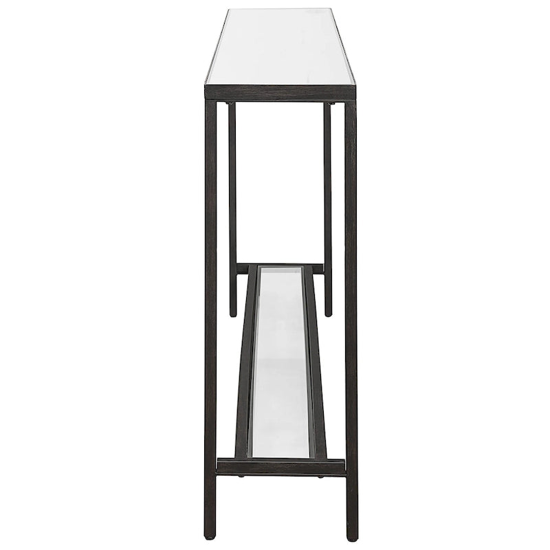 Console étroite, acier noir mat, dessus en miroir biseauté, étagère en verre