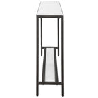 Console étroite, acier noir mat, dessus en miroir biseauté, étagère en verre