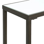 Console étroite, acier noir mat, dessus en miroir biseauté, étagère en verre