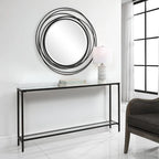 Console étroite, acier noir mat, dessus en miroir biseauté, étagère en verre