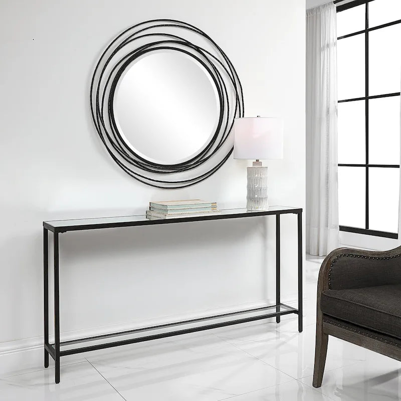 Console étroite, acier noir mat, dessus en miroir biseauté, étagère en verre