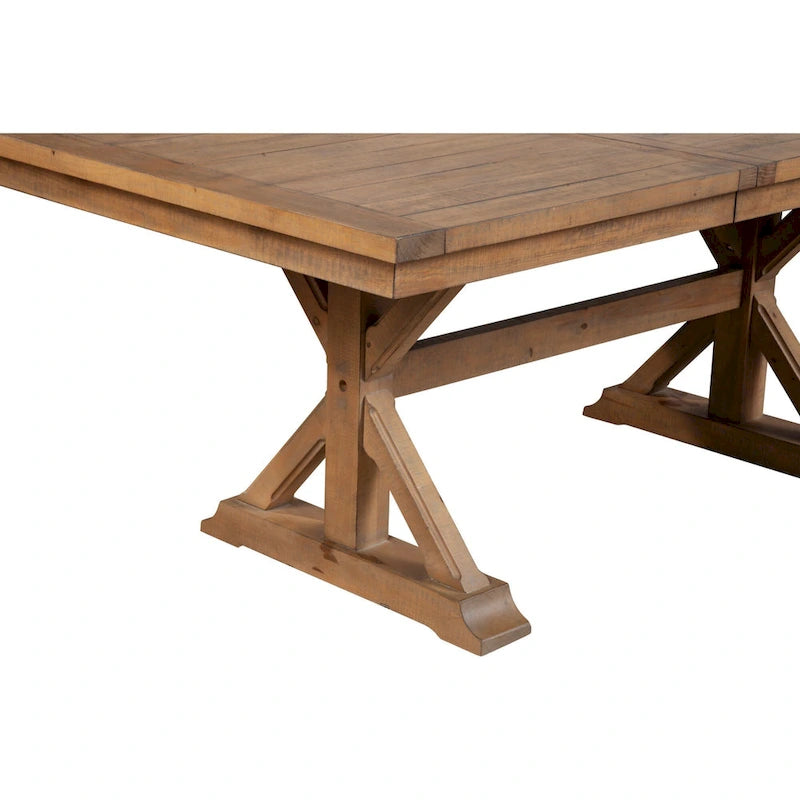 Table de salle à manger extensible de 78 pouces, piètement tréteau, bois de pin, brun naturel