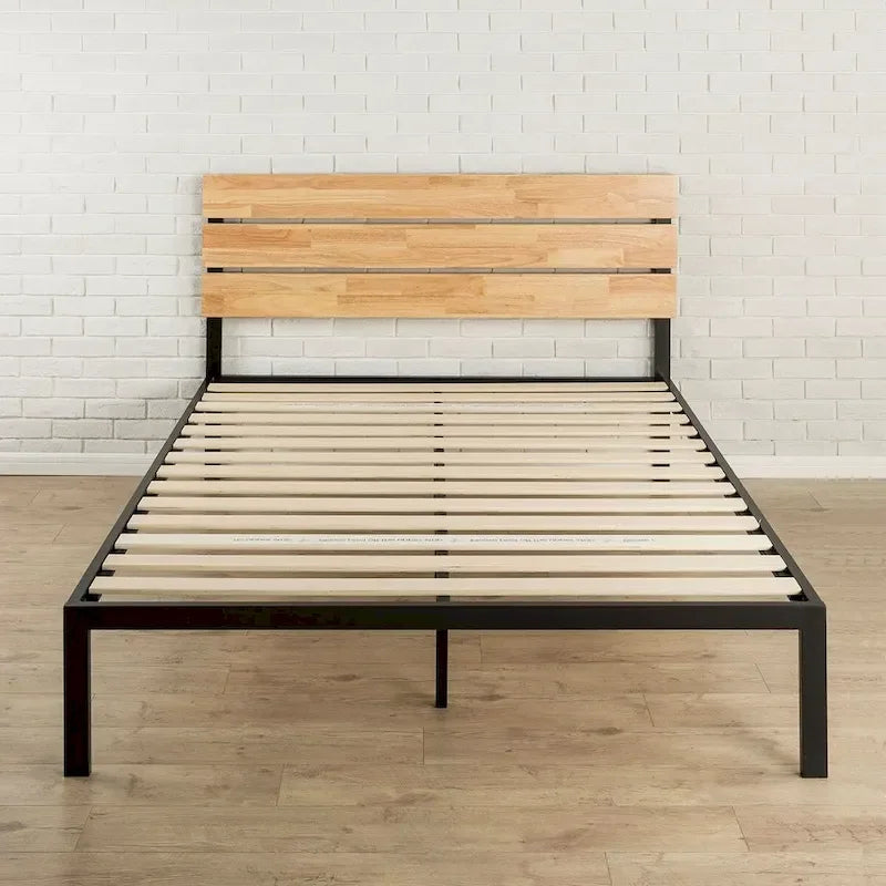 Cadre de lit plateforme métallique King Size avec tête de lit et lattes en bois