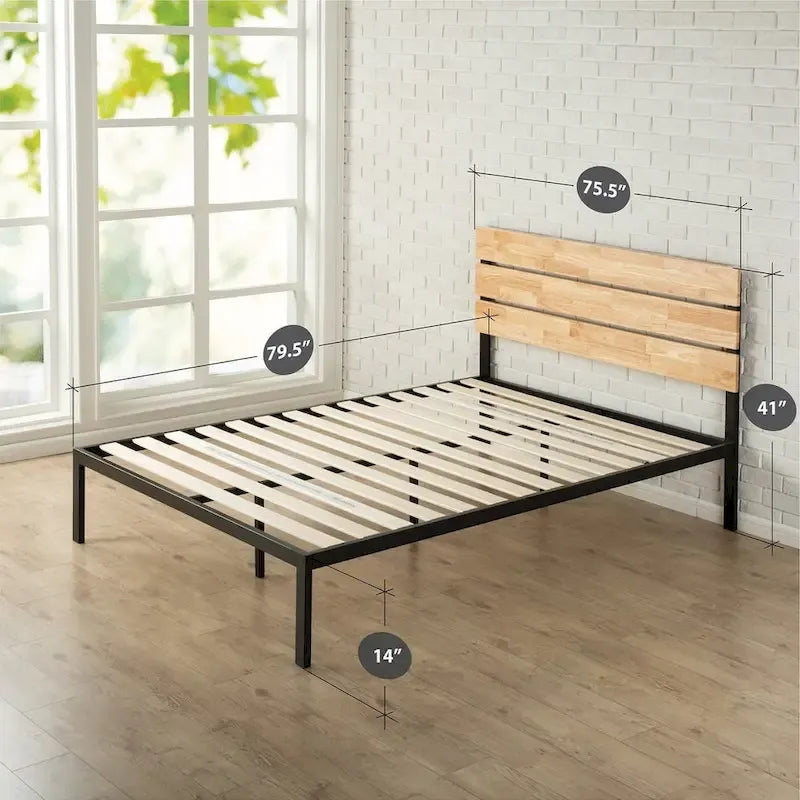 Cadre de lit plateforme métallique King Size avec tête de lit et lattes en bois
