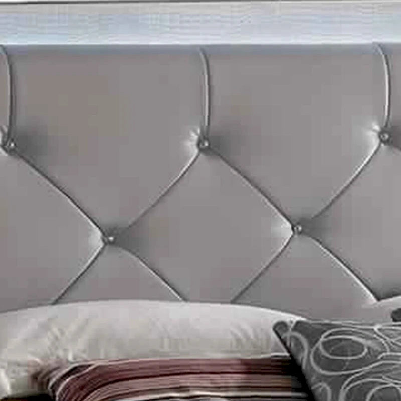 Lit Queen/King Size avec Tête de Lit Capitonnée, Éclairage LED Intégré et Accents Argentés