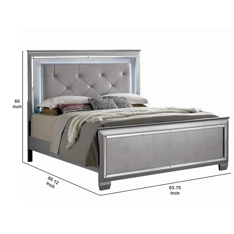 Lit Queen/King Size avec Tête de Lit Capitonnée, Éclairage LED Intégré et Accents Argentés