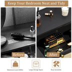 Commode noire à 3 tiroirs avec accents en rotin, meuble de rangement pour chambre à coucher