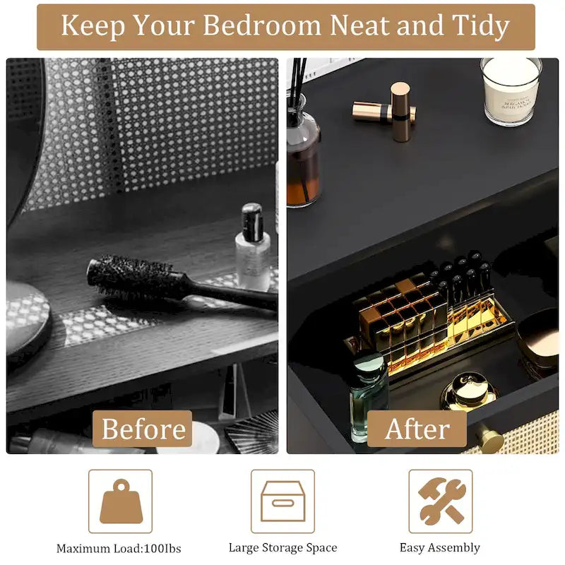 Commode noire à 3 tiroirs avec accents en rotin, meuble de rangement pour chambre à coucher
