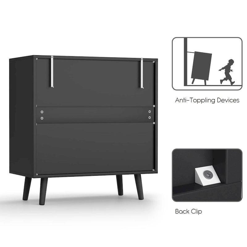 Commode noire à 3 tiroirs avec accents en rotin, meuble de rangement pour chambre à coucher