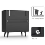 Commode noire à 3 tiroirs avec accents en rotin, meuble de rangement pour chambre à coucher
