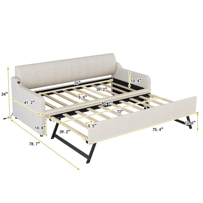 Lit de repos une place avec lit gigogne escamotable et port de chargement USB