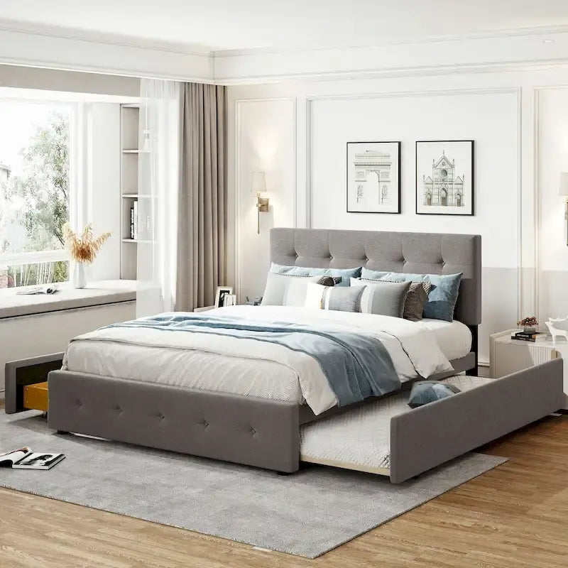 Lit plateforme Queen avec tiroirs de rangement et lit gigogne double XL