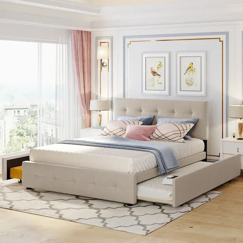 Lit plateforme Queen avec tiroirs de rangement et lit gigogne double XL