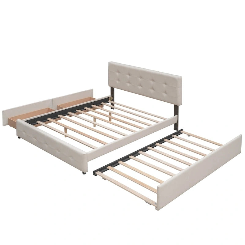 Lit plateforme Queen avec tiroirs de rangement et lit gigogne double XL