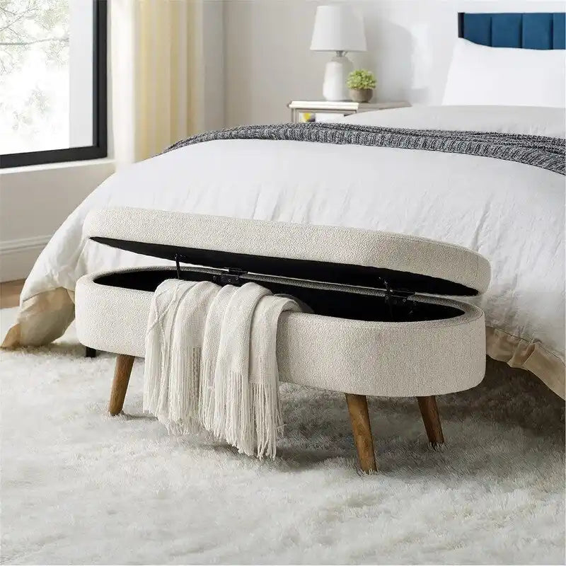 Banc de rangement capitonné avec pieds en bois