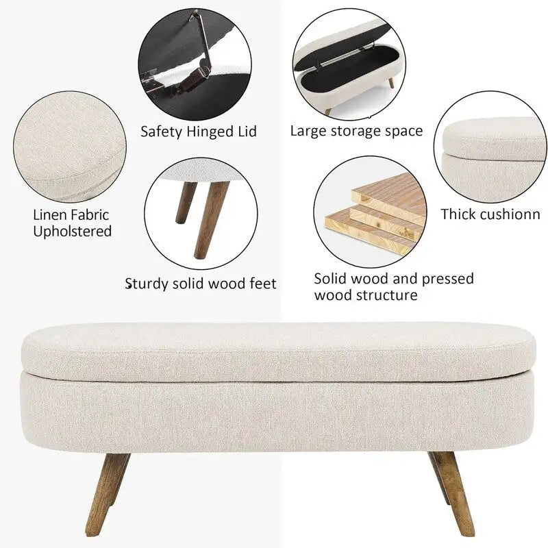 Banc de rangement capitonné avec pieds en bois