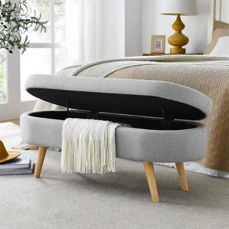 Banc de rangement capitonné avec pieds en bois
