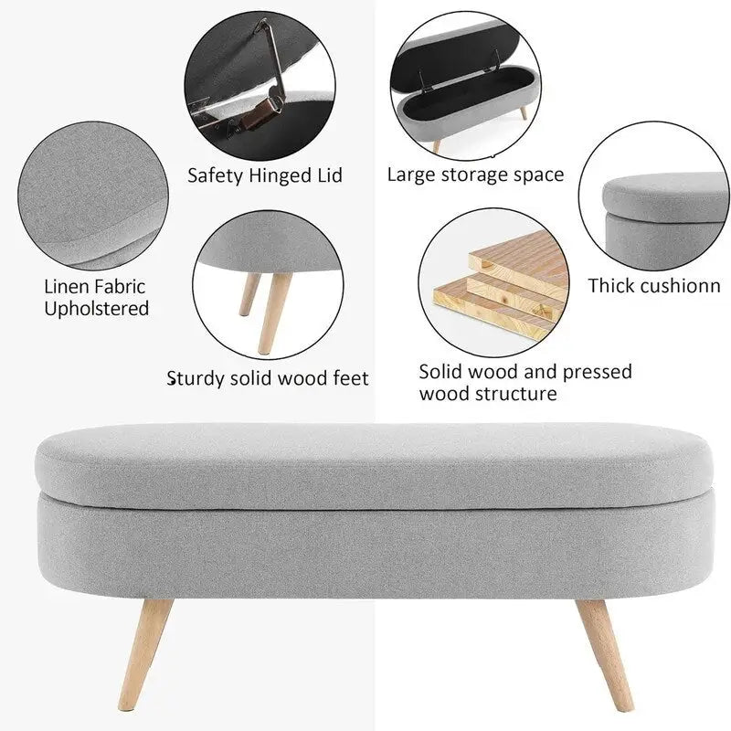 Banc de rangement capitonné avec pieds en bois