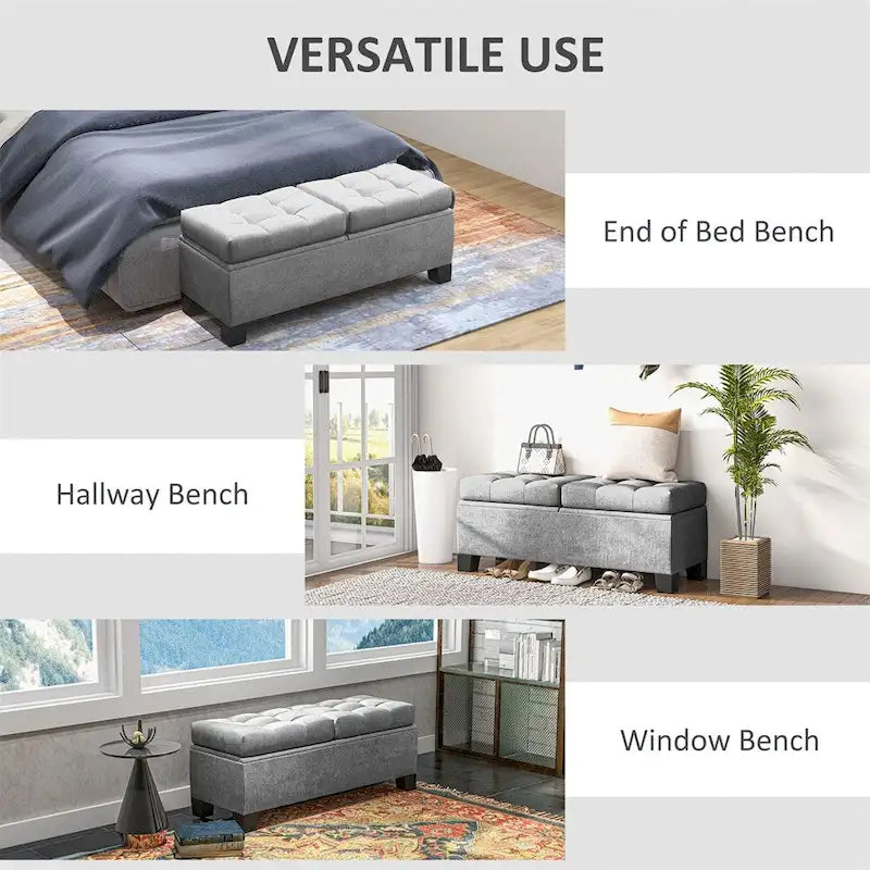 Banc ottoman de rangement capitonné de 117 cm avec cadre en acier