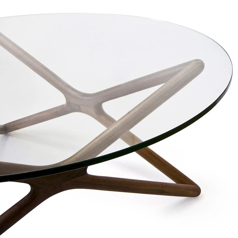 Table basse en bois massif avec plateau en verre trempé