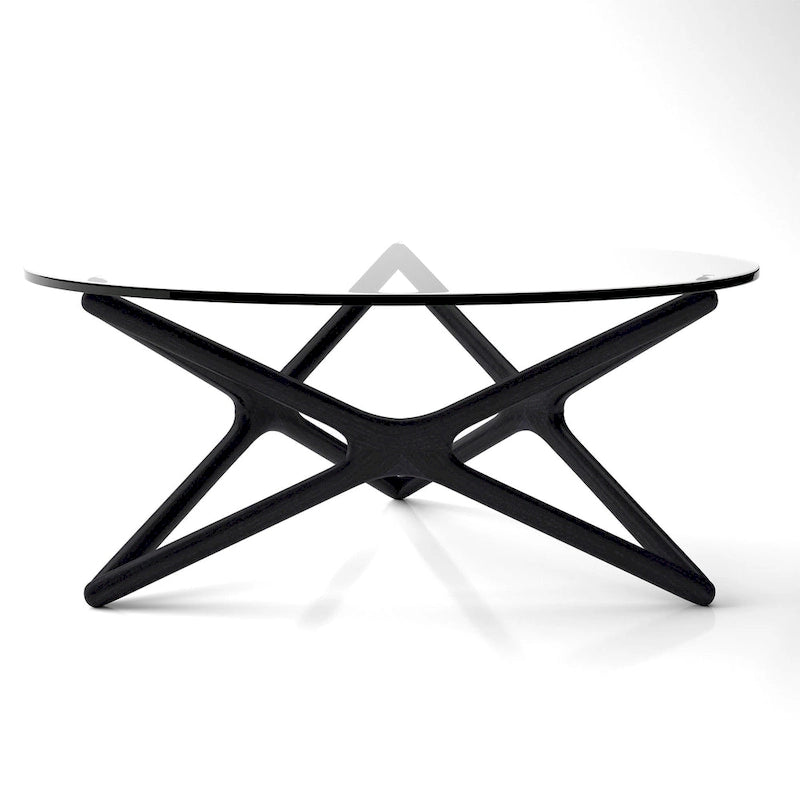 Table basse en bois massif avec plateau en verre trempé