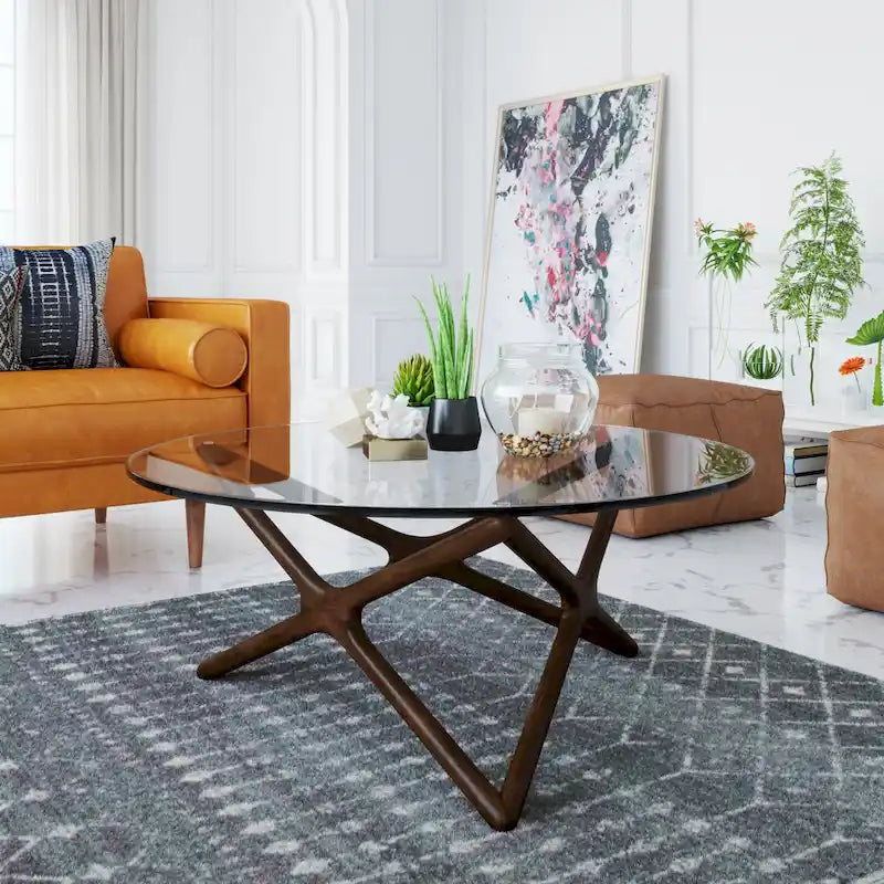 Table basse en bois massif avec plateau en verre trempé