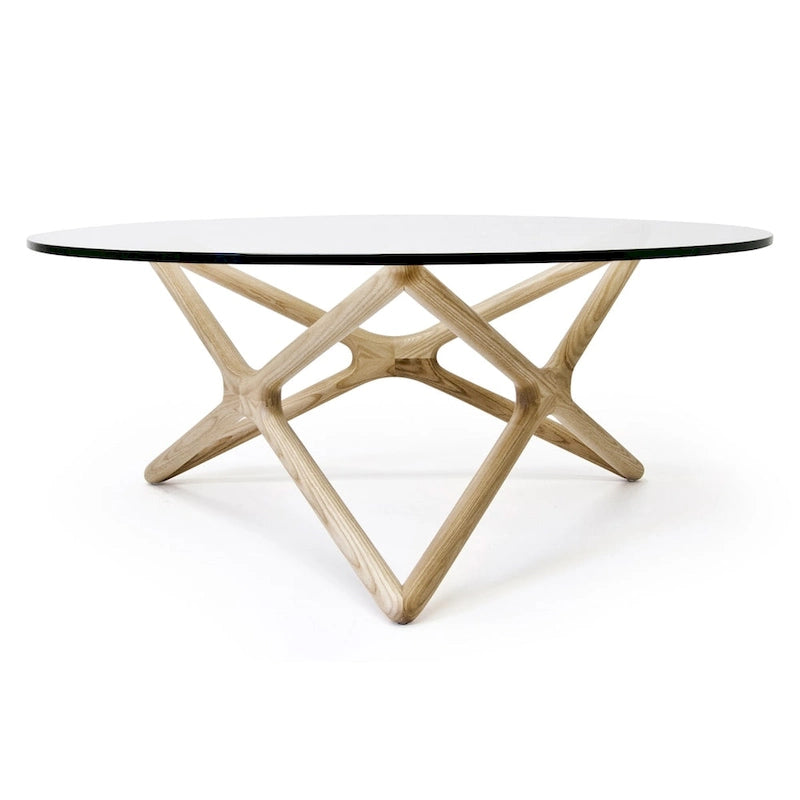 Table basse en bois massif avec plateau en verre trempé