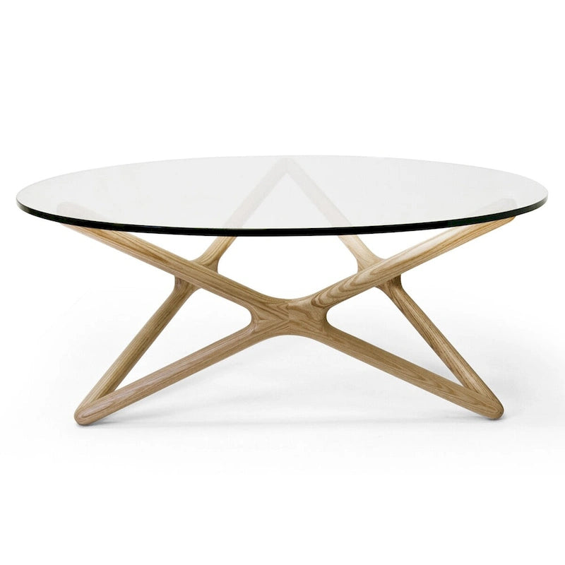 Table basse en bois massif avec plateau en verre trempé