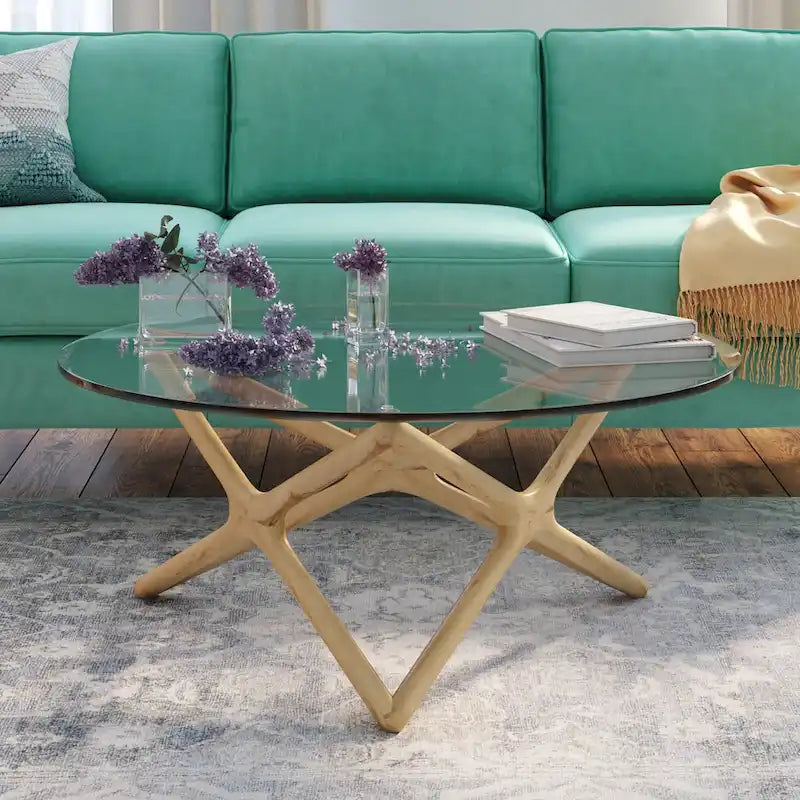 Table basse en bois massif avec plateau en verre trempé