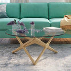 Table basse en bois massif avec plateau en verre trempé