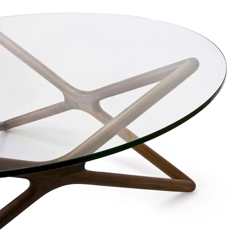Table basse en bois massif avec plateau en verre trempé