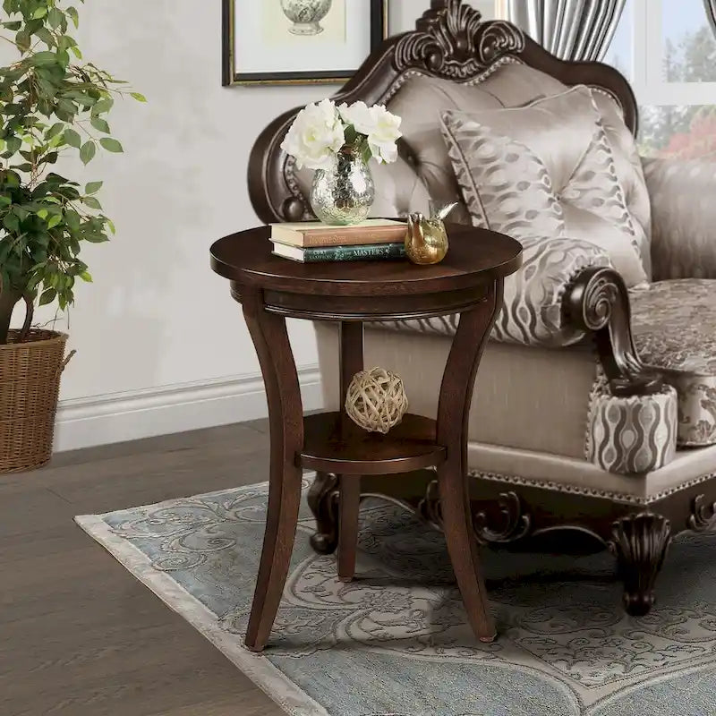 Table d'appoint ronde avec étagère ouverte - Table d'appoint compacte pour salon et chambre à coucher (Espresso)