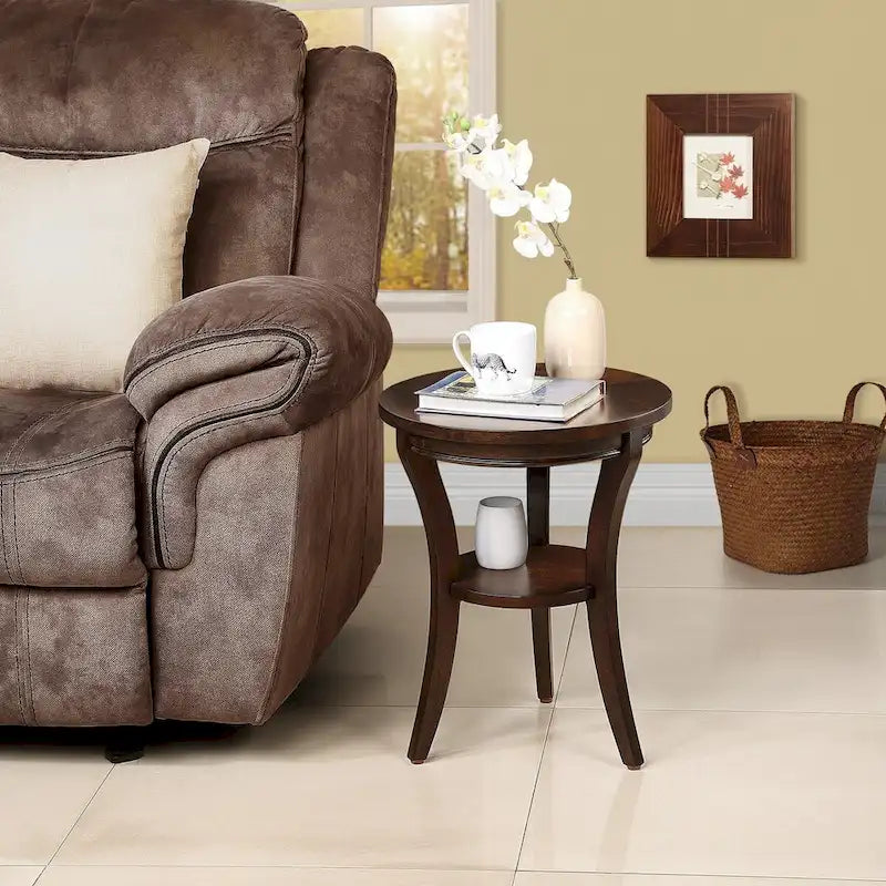 Table d'appoint ronde avec étagère ouverte - Table d'appoint compacte pour salon et chambre à coucher (Espresso)