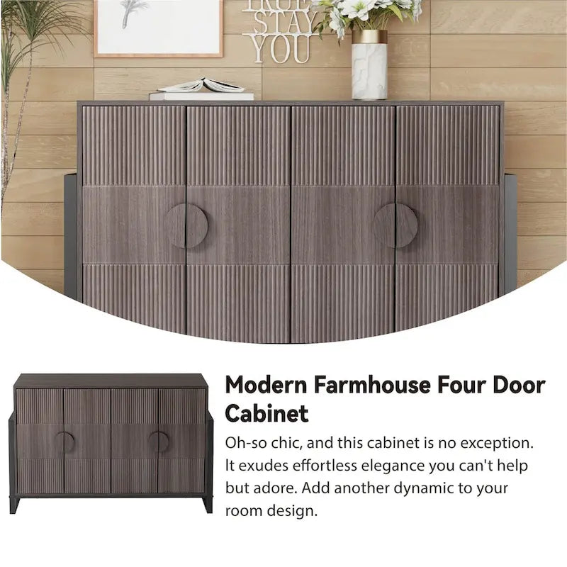 Buffet à cannelures avec 4 portes et étagères réglables, gris
