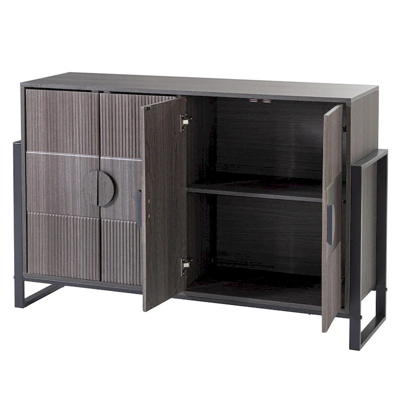 Buffet à cannelures avec 4 portes et étagères réglables, gris
