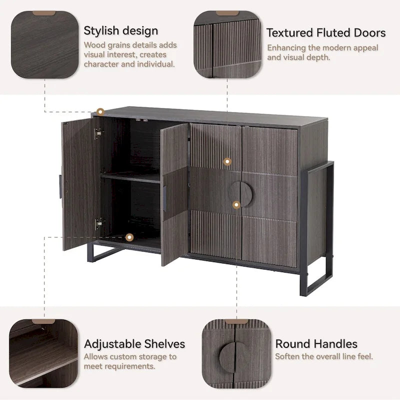 Buffet à cannelures avec 4 portes et étagères réglables, gris