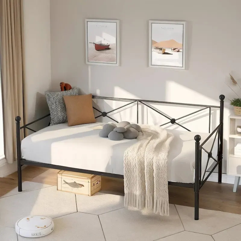 Cadre de lit de repos en métal, taille double, avec lattes en acier pour salon et chambre d'amis