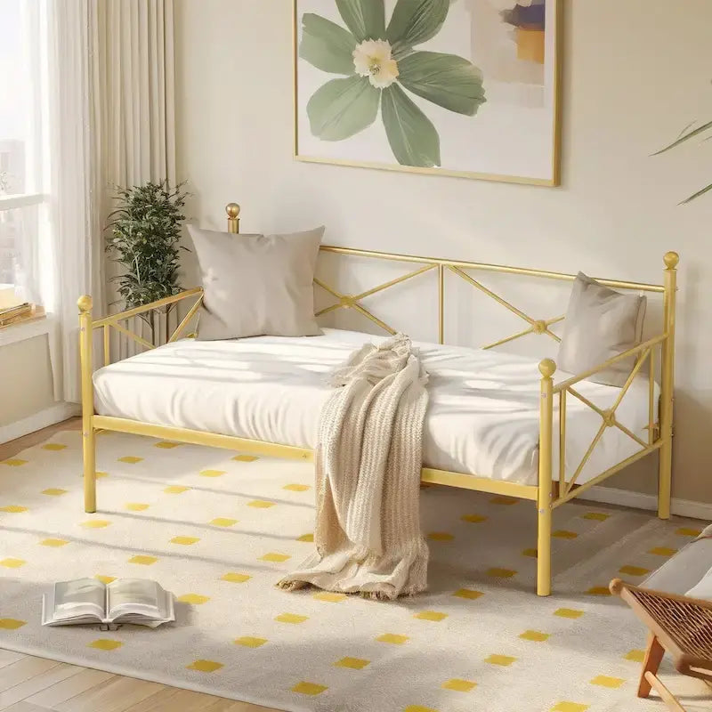 Cadre de lit de repos en métal, taille double, avec lattes en acier pour salon et chambre d'amis