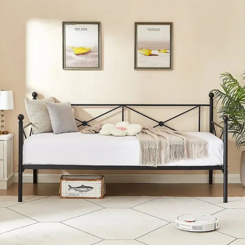 Cadre de lit de repos en métal, taille double, avec lattes en acier pour salon et chambre d'amis
