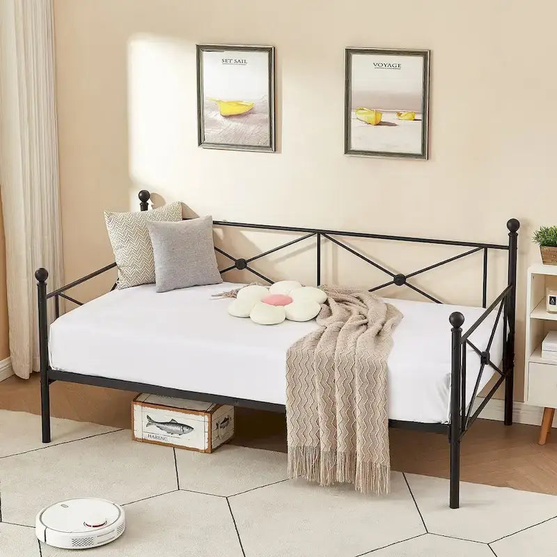 Cadre de lit de repos en métal, taille double, avec lattes en acier pour salon et chambre d'amis