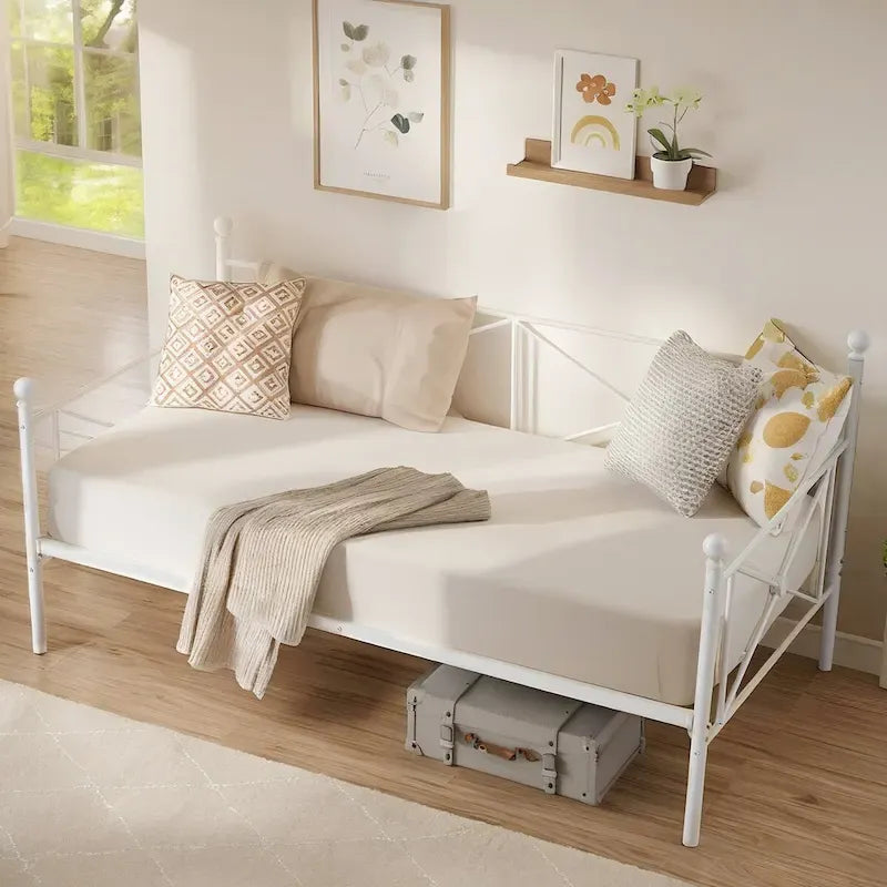 Cadre de lit de repos en métal, taille double, avec lattes en acier pour salon et chambre d'amis