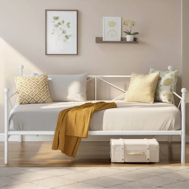 Cadre de lit de repos en métal, taille double, avec lattes en acier pour salon et chambre d'amis