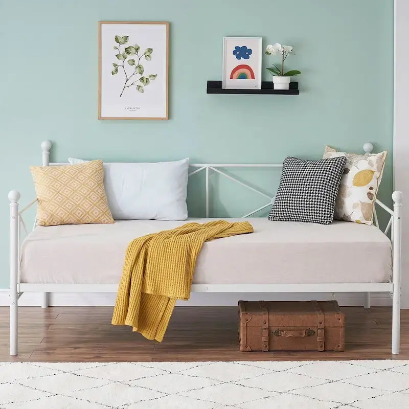 Cadre de lit de repos en métal, taille double, avec lattes en acier pour salon et chambre d'amis