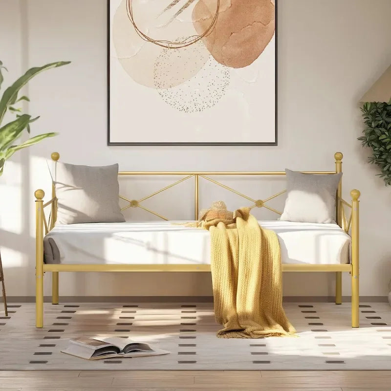 Cadre de lit de repos en métal, taille double, avec lattes en acier pour salon et chambre d'amis