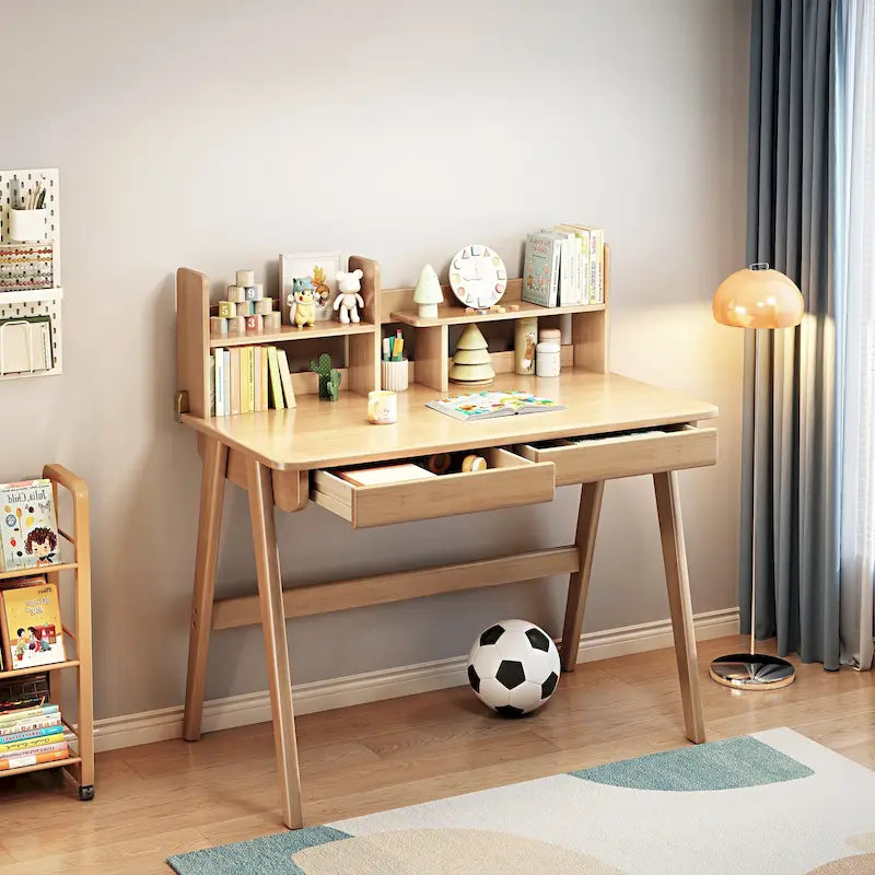 Bureau d'étude en bois pour enfants avec étagère et tiroirs
