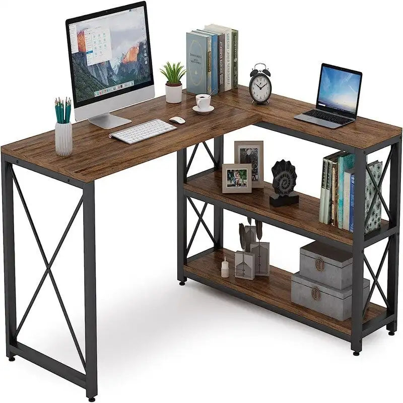 Bureau d'angle en L avec étagères de rangement