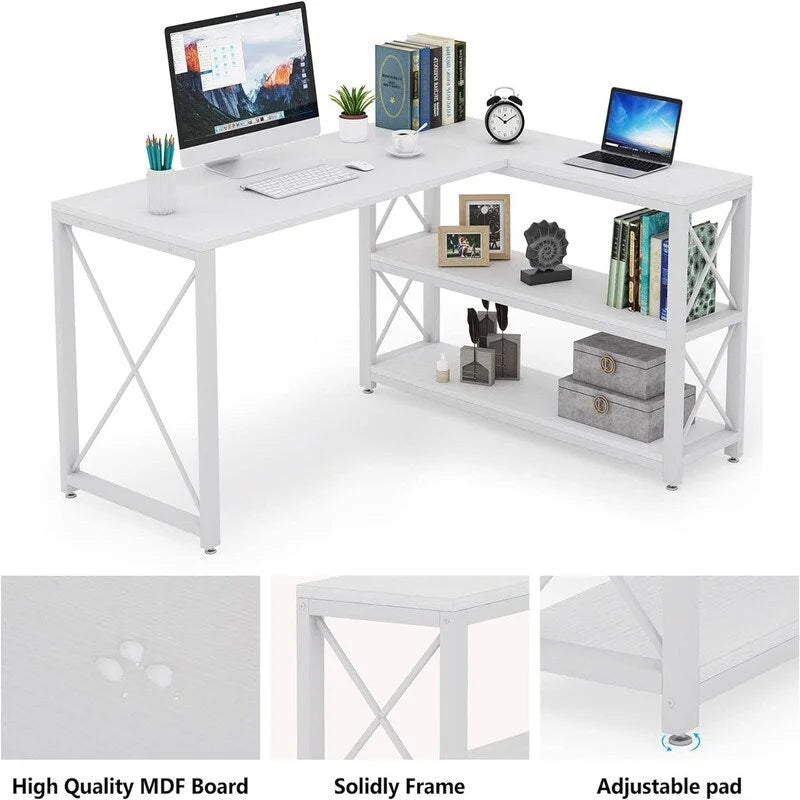 Bureau d'angle en L avec étagères de rangement