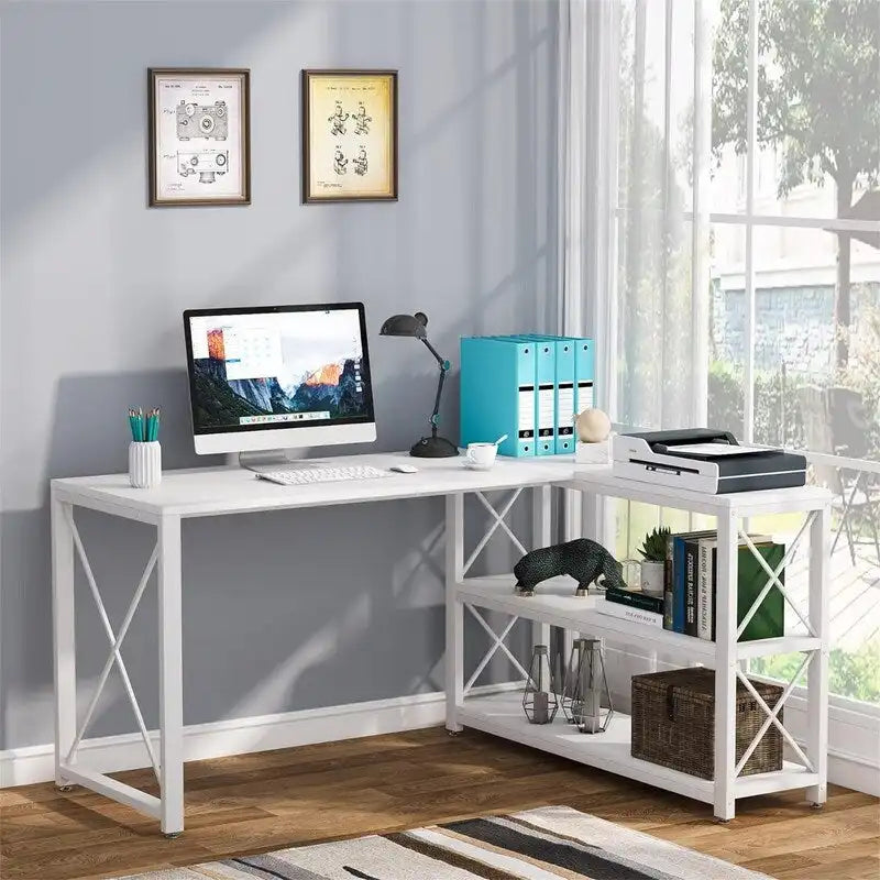 Bureau d'angle en L avec étagères de rangement
