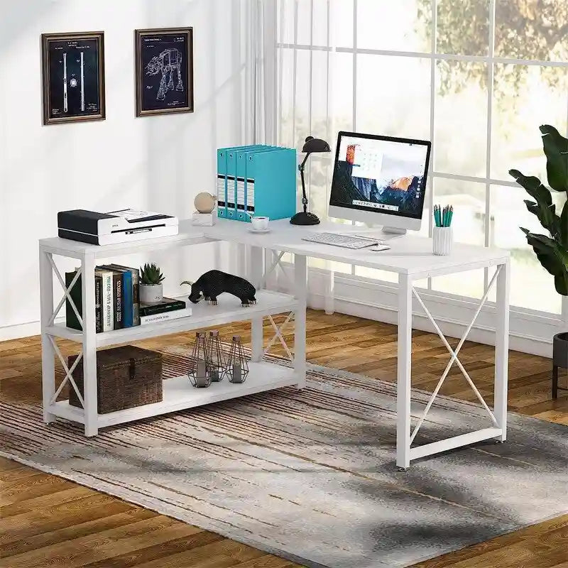 Bureau d'angle en L avec étagères de rangement