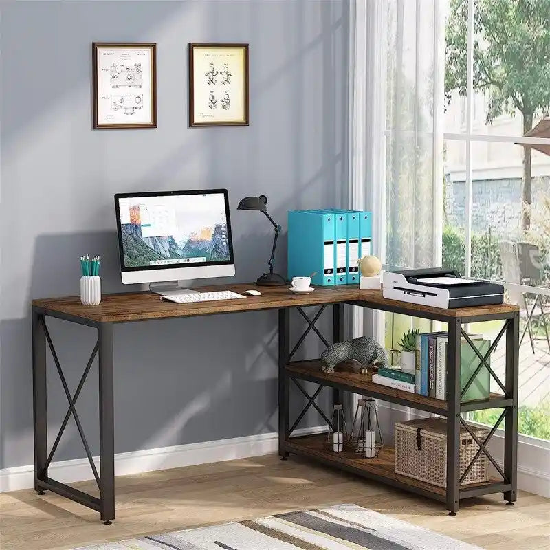 Bureau d'angle en L avec étagères de rangement